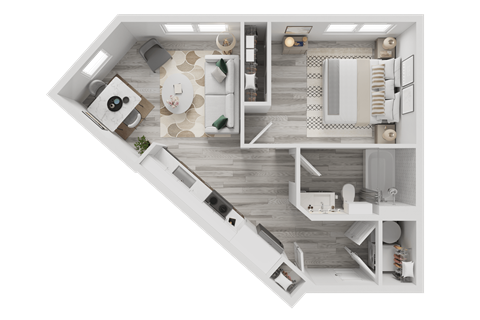 A top-down view of a modern apartment layout with a kitchen, living room, and bedrooms.
